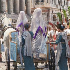 Close up view of the Vestal Virgins outside the Vesta Temple in the Forum Ancient Rome Republic