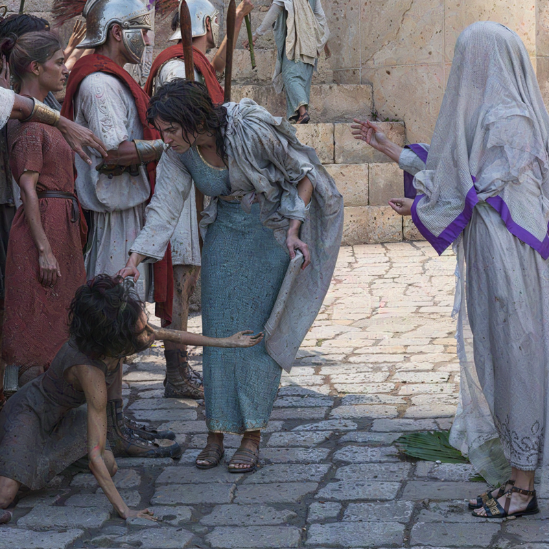 Close up view of the Vestal Virgins outside the Vesta Temple in the Forum Ancient Rome Republic