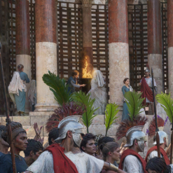 Close up view of the Vestal Virgins outside the Vesta Temple in the Forum Ancient Rome Republic