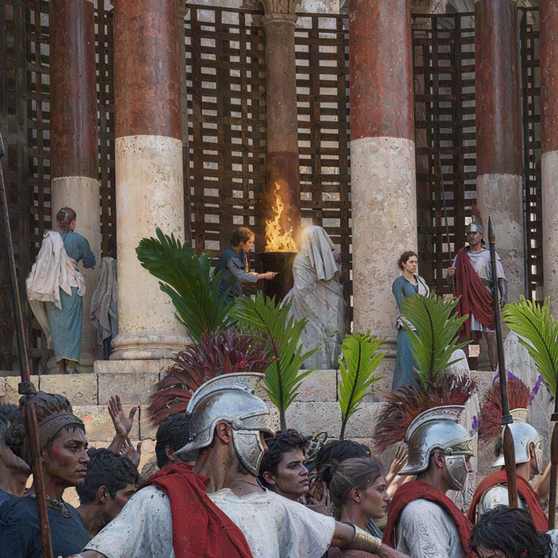 Close up view of the Vestal Virgins outside the Vesta Temple in the Forum Ancient Rome Republic