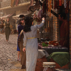Close up view of a busy market in Ancient Rome
