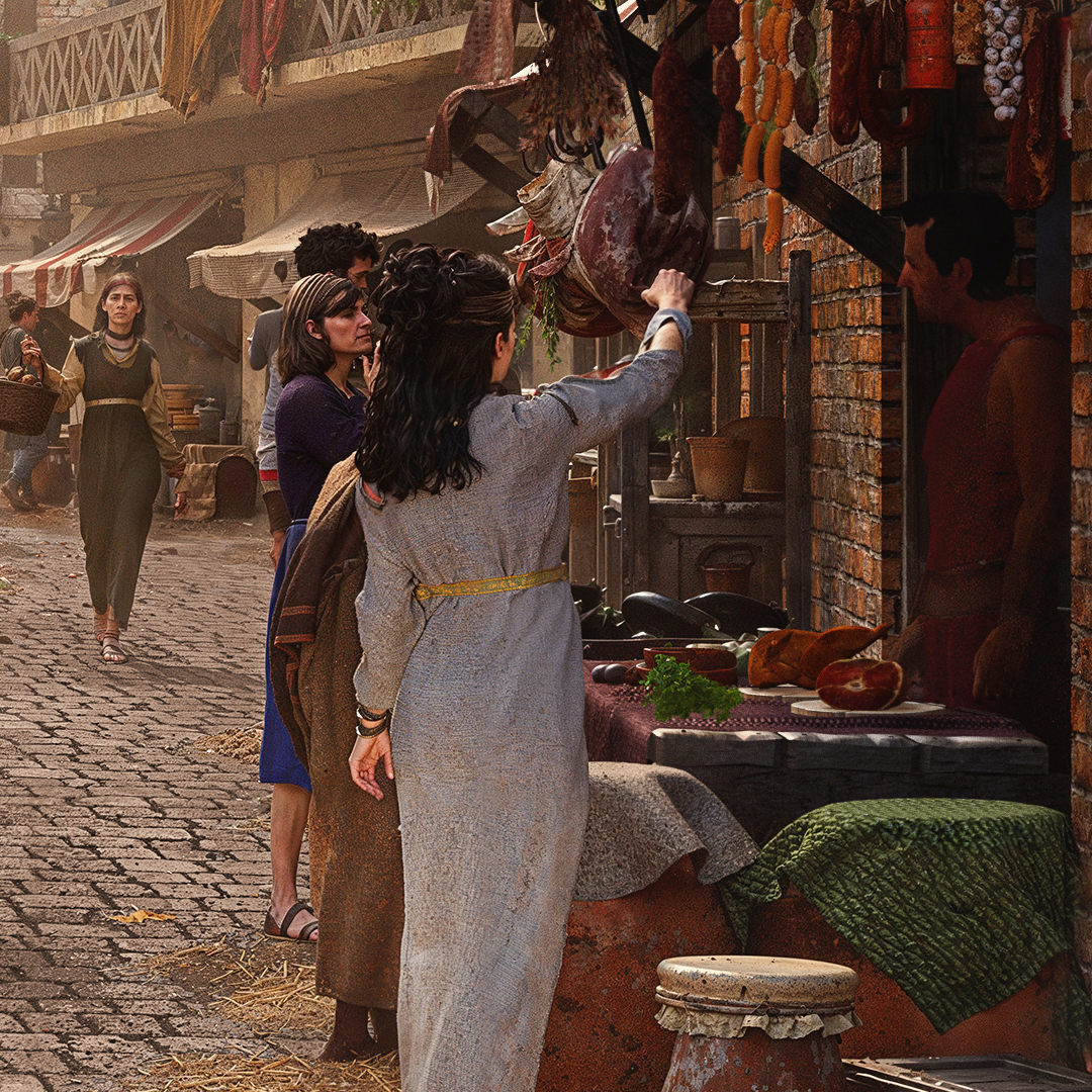Close up view of a busy market in Ancient Rome