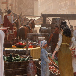 Close up view of a busy market in Ancient Rome
