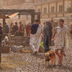 Close up view of a busy market in Ancient Rome