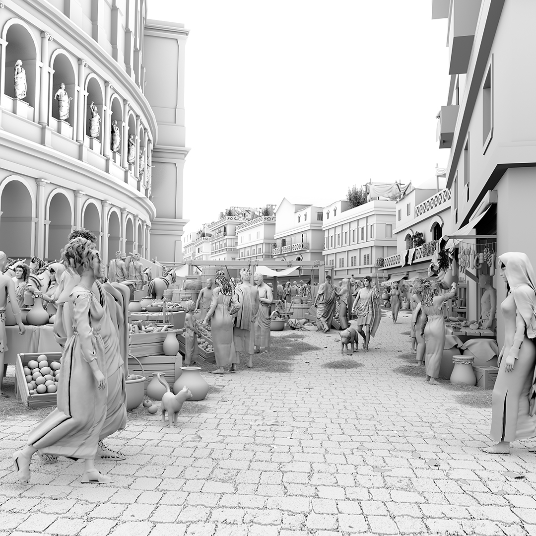 3D model view of a busy market in Ancient Rome