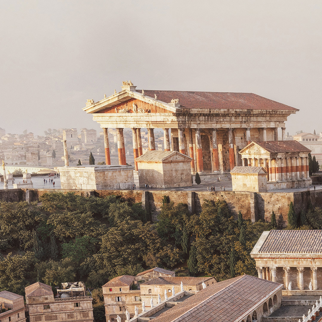 Close up aerial image of the Forum in Ancient Rome