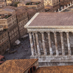 Close up aerial image of the Forum in Ancient Rome