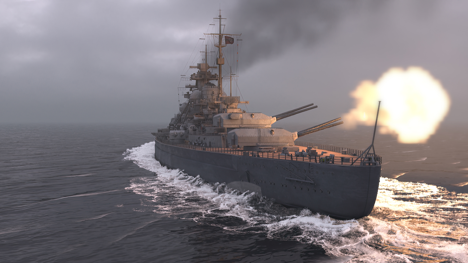 Stock footage of the Battleship Bismarck firing guns in the North Atlantic Ocean