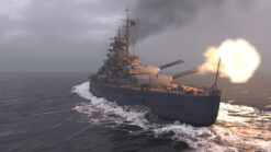 Stock footage of the Battleship Bismarck firing guns in the North Atlantic Ocean