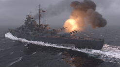Stock footage of the Battleship Bismarck firing guns in the North Atlantic Ocean