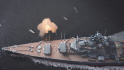 Stock footage of the Battleship Bismarck firing guns in the North Atlantic Ocean