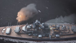 Stock footage of the Battleship Bismarck firing guns in the North Atlantic Ocean