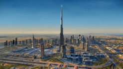 Aerial timelapse footage of Burj Khalifa and Downtown Dubai