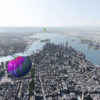 Computer-generated 360 omnidirectional aerial image of New York City, floating over midtown Manhattan