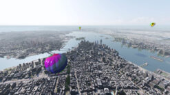 Computer-generated 360 omnidirectional aerial image of New York City, floating over midtown Manhattan