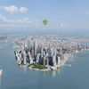 Aerial 360 image of New York City, floating over Governors Island