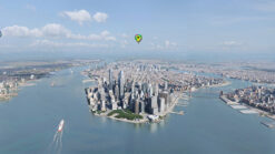 Aerial 360 image of New York City, floating over Governors Island