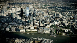 Transition aerial view from modern city to Tudor London