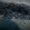 Transition aerial view from modern city to Tudor London