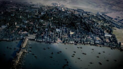 Transition aerial view from modern city to Tudor London